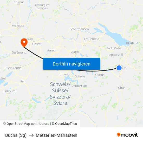 Buchs (Sg) to Metzerlen-Mariastein map