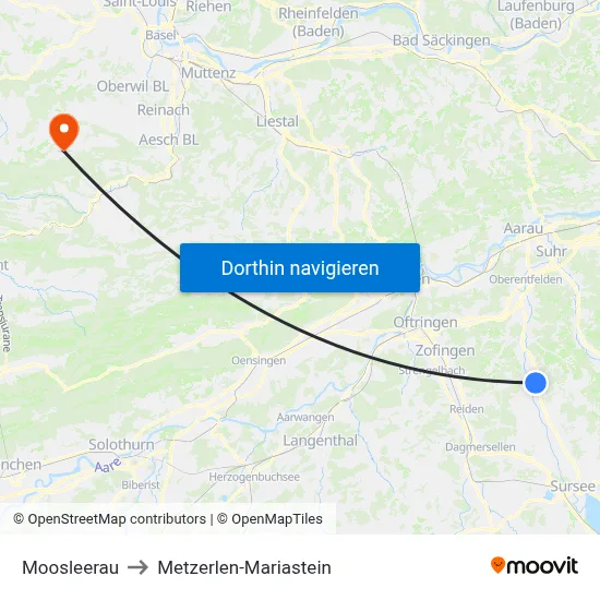 Moosleerau to Metzerlen-Mariastein map