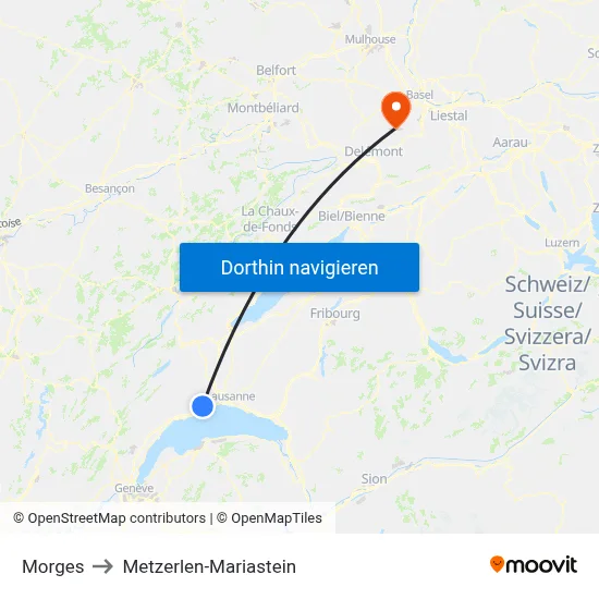 Morges to Metzerlen-Mariastein map