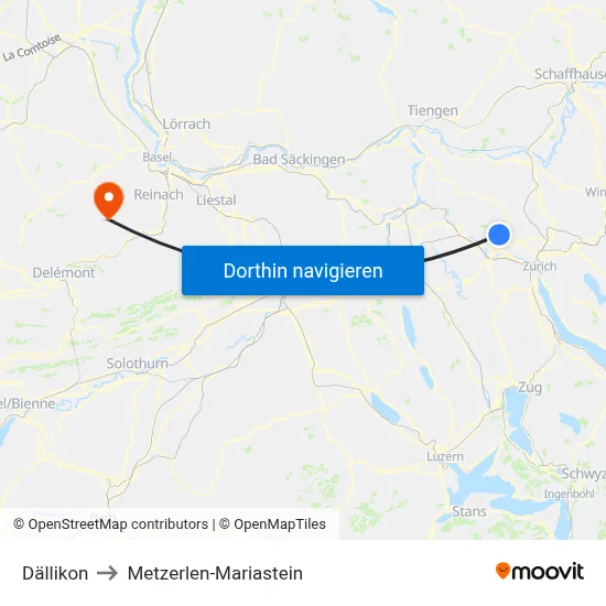 Dällikon to Metzerlen-Mariastein map