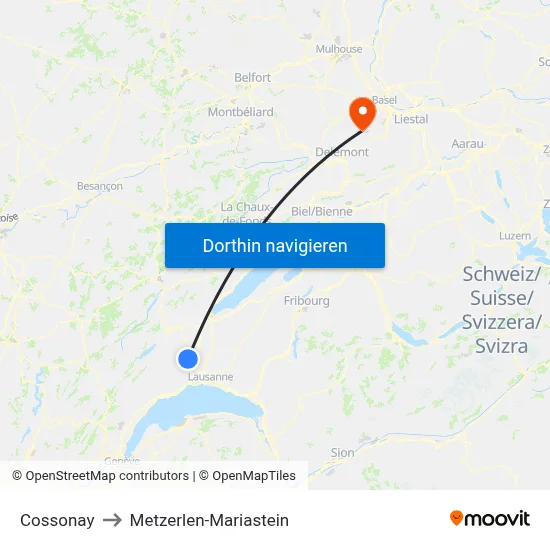 Cossonay to Metzerlen-Mariastein map