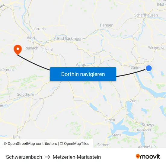 Schwerzenbach to Metzerlen-Mariastein map
