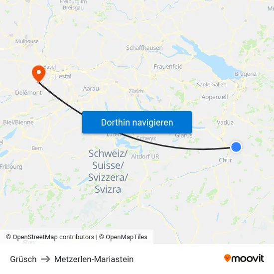 Grüsch to Metzerlen-Mariastein map