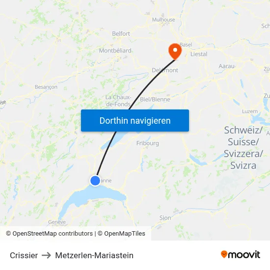 Crissier to Metzerlen-Mariastein map