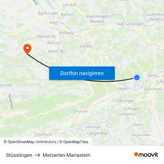 Stüsslingen to Metzerlen-Mariastein map