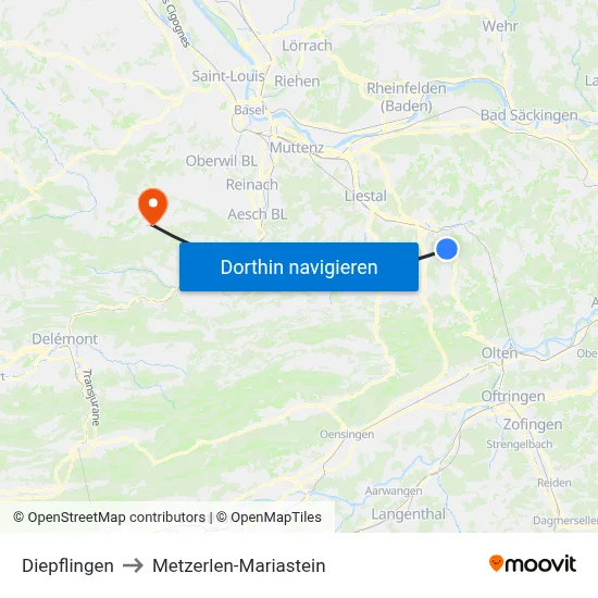 Diepflingen to Metzerlen-Mariastein map