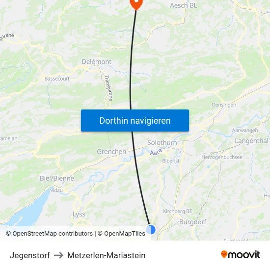 Jegenstorf to Metzerlen-Mariastein map