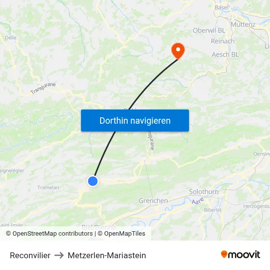 Reconvilier to Metzerlen-Mariastein map