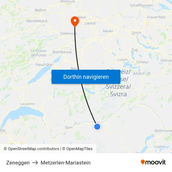 Zeneggen to Metzerlen-Mariastein map