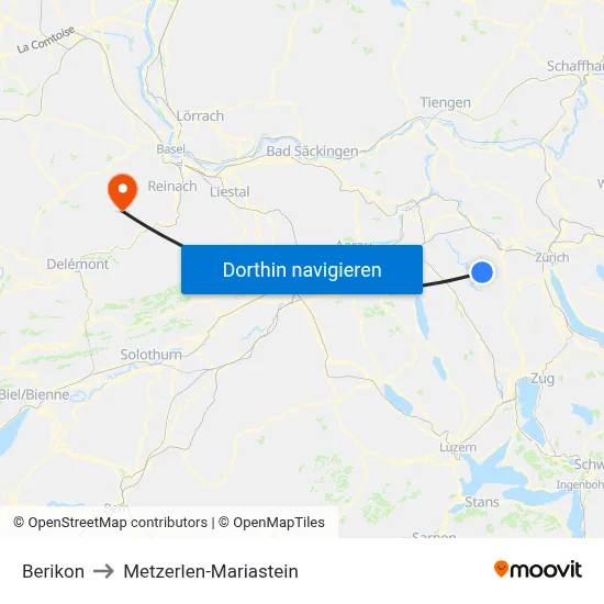 Berikon to Metzerlen-Mariastein map