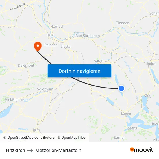 Hitzkirch to Metzerlen-Mariastein map