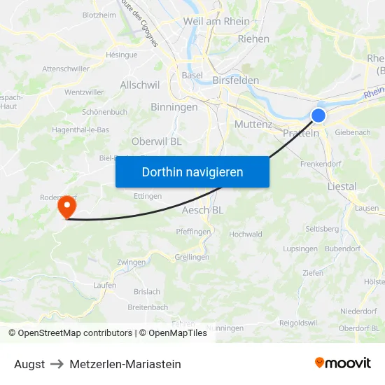 Augst to Metzerlen-Mariastein map
