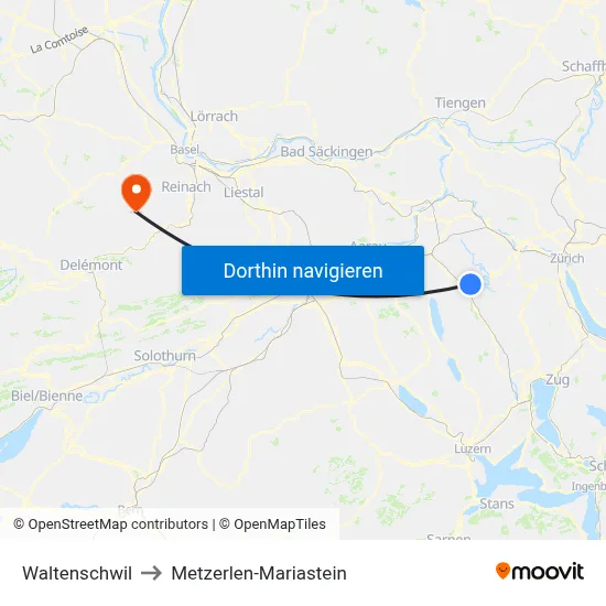 Waltenschwil to Metzerlen-Mariastein map