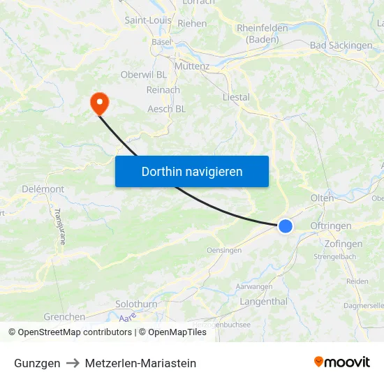 Gunzgen to Metzerlen-Mariastein map
