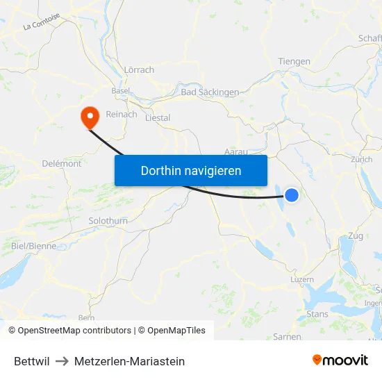 Bettwil to Metzerlen-Mariastein map