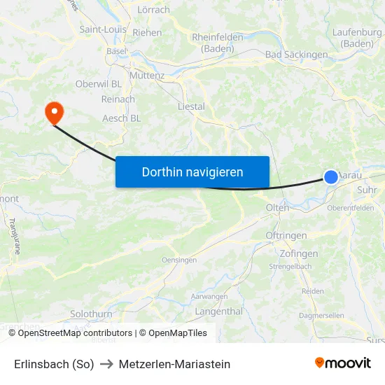 Erlinsbach (So) to Metzerlen-Mariastein map
