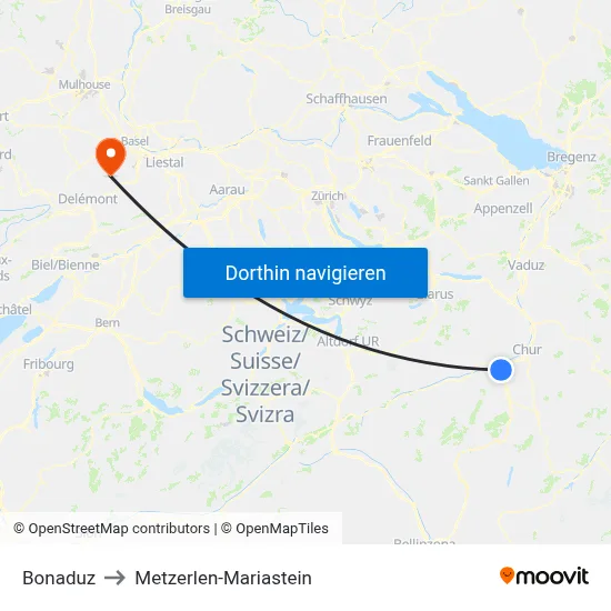 Bonaduz to Metzerlen-Mariastein map