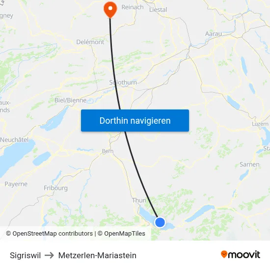 Sigriswil to Metzerlen-Mariastein map
