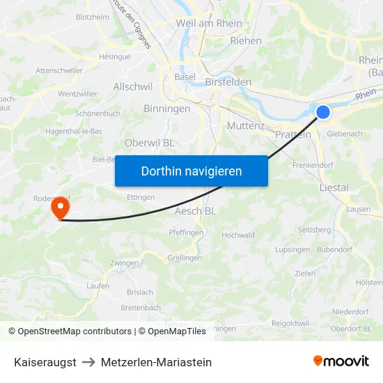 Kaiseraugst to Metzerlen-Mariastein map