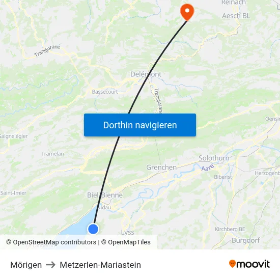 Mörigen to Metzerlen-Mariastein map