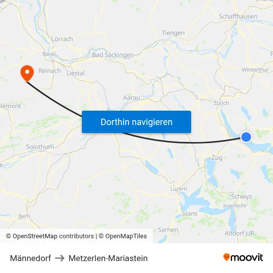Männedorf to Metzerlen-Mariastein map