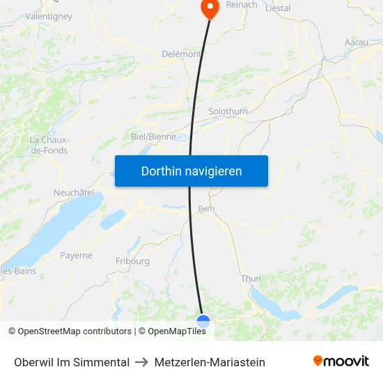 Oberwil Im Simmental to Metzerlen-Mariastein map