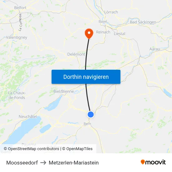 Moosseedorf to Metzerlen-Mariastein map