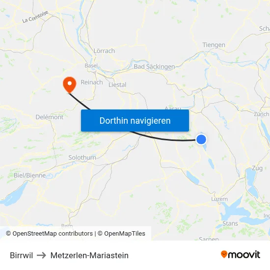 Birrwil to Metzerlen-Mariastein map