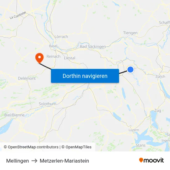 Mellingen to Metzerlen-Mariastein map