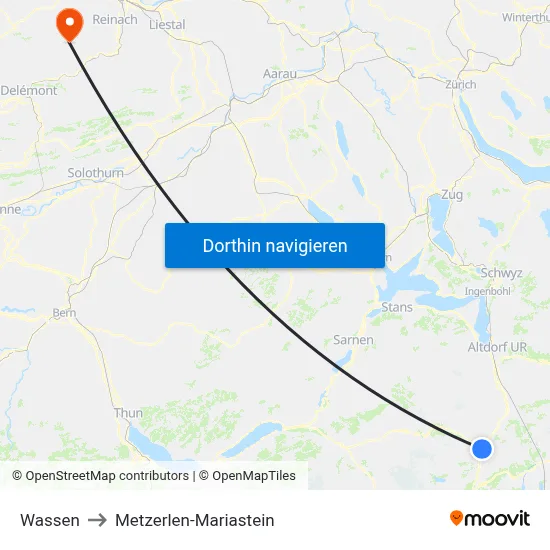 Wassen to Metzerlen-Mariastein map