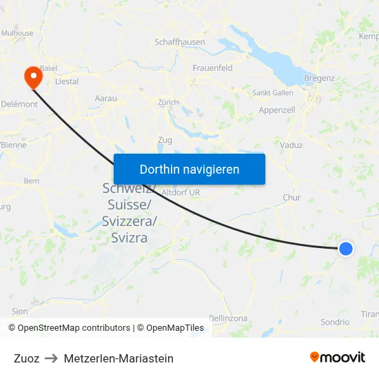 Zuoz to Metzerlen-Mariastein map