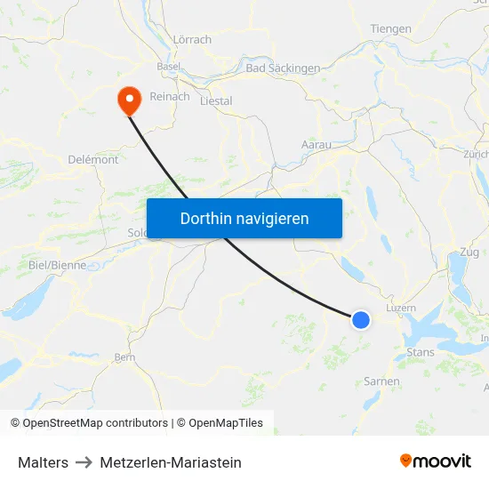 Malters to Metzerlen-Mariastein map