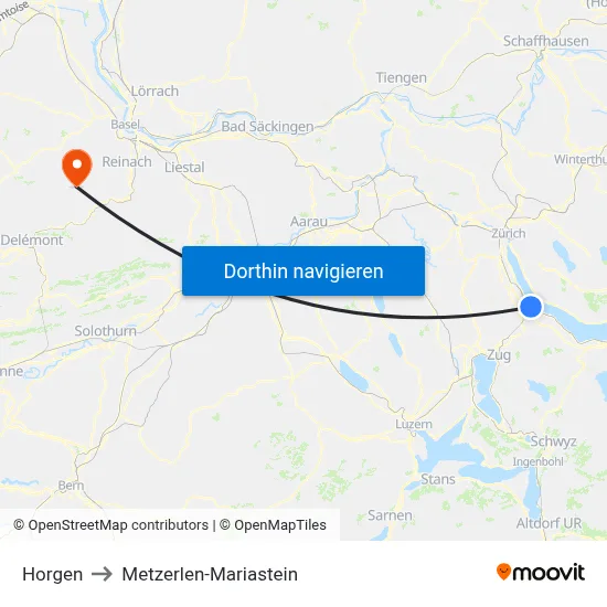 Horgen to Metzerlen-Mariastein map