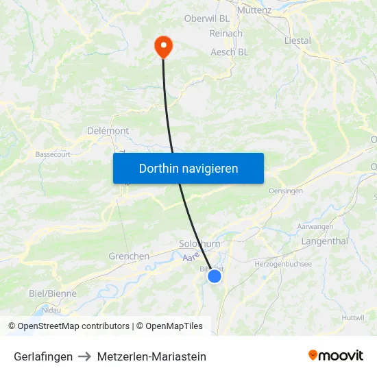 Gerlafingen to Metzerlen-Mariastein map