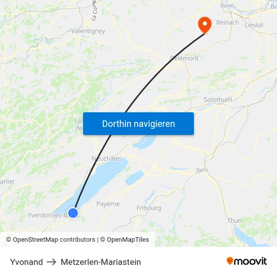 Yvonand to Metzerlen-Mariastein map
