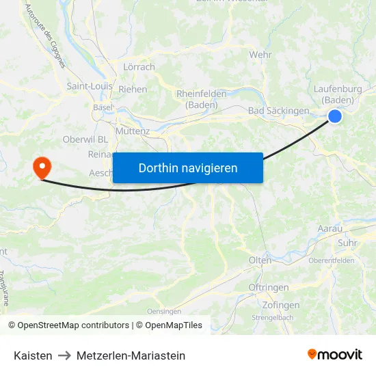 Kaisten to Metzerlen-Mariastein map