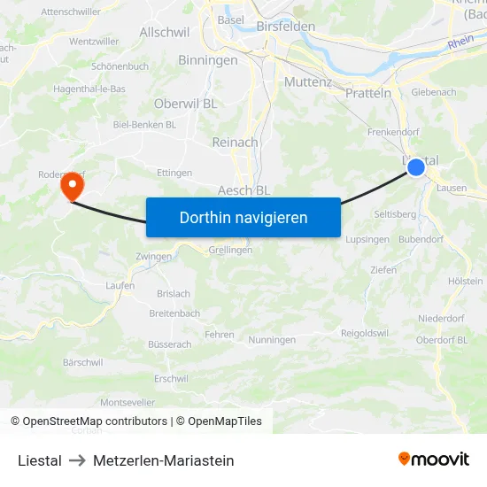 Liestal to Metzerlen-Mariastein map