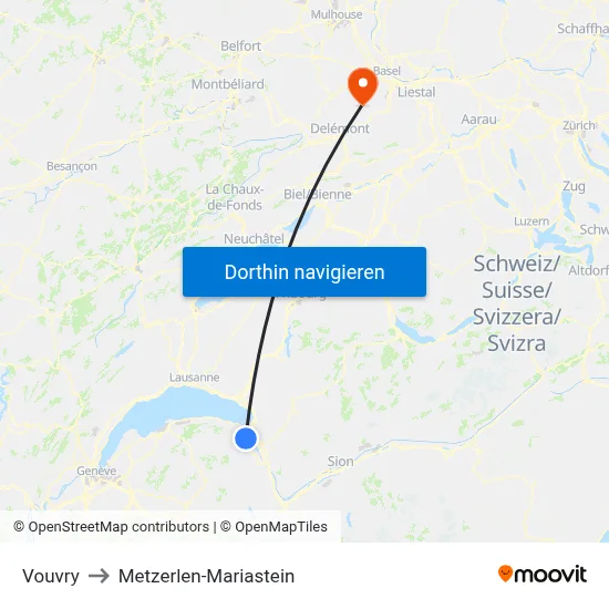Vouvry to Metzerlen-Mariastein map