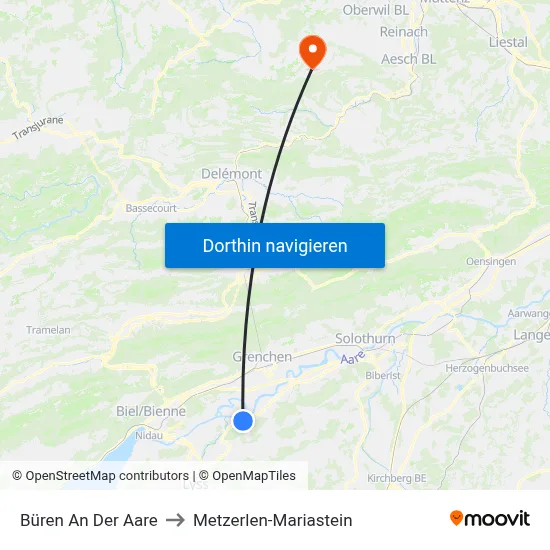 Büren An Der Aare to Metzerlen-Mariastein map