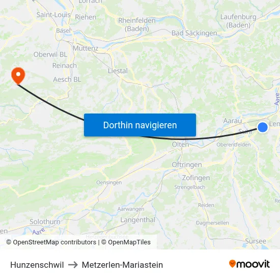 Hunzenschwil to Metzerlen-Mariastein map