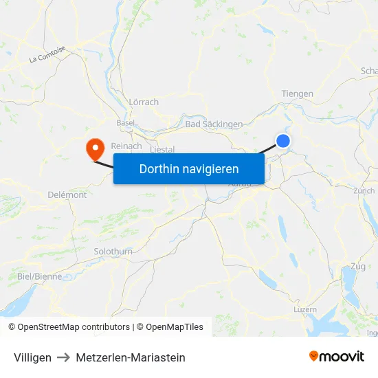Villigen to Metzerlen-Mariastein map