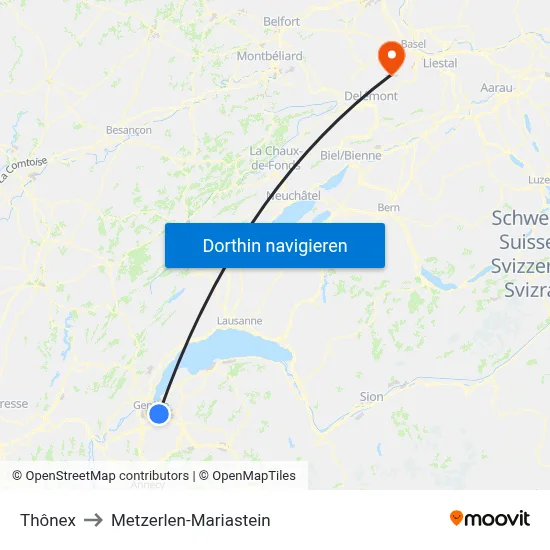 Thônex to Metzerlen-Mariastein map