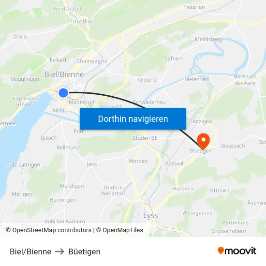 Biel/Bienne to Büetigen map