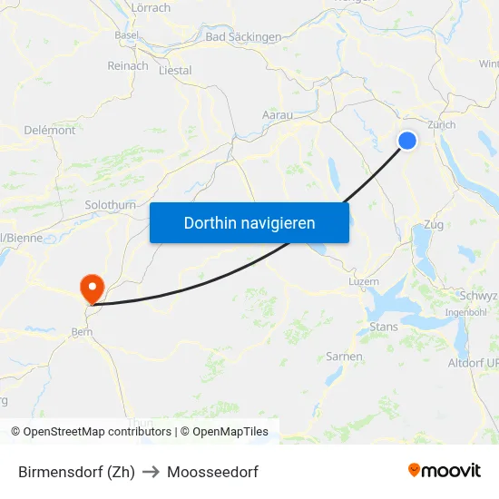 Birmensdorf (Zh) to Moosseedorf map