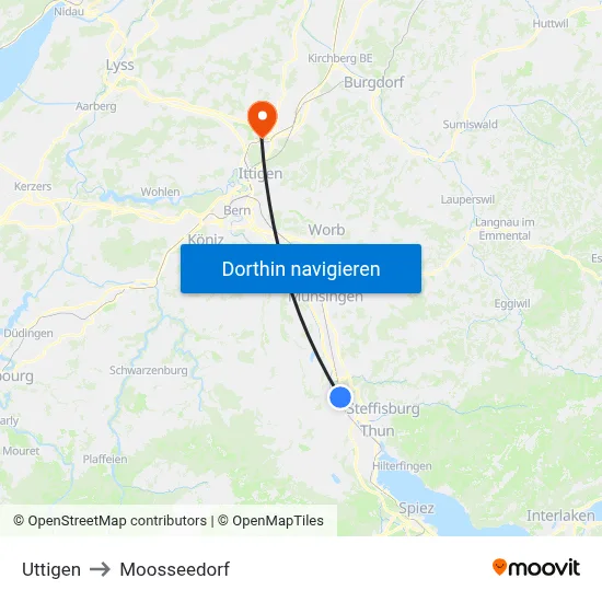 Uttigen to Moosseedorf map