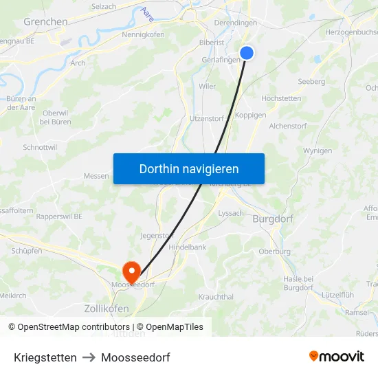 Kriegstetten to Moosseedorf map