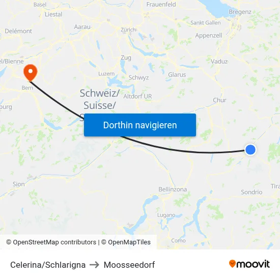 Celerina/Schlarigna to Moosseedorf map