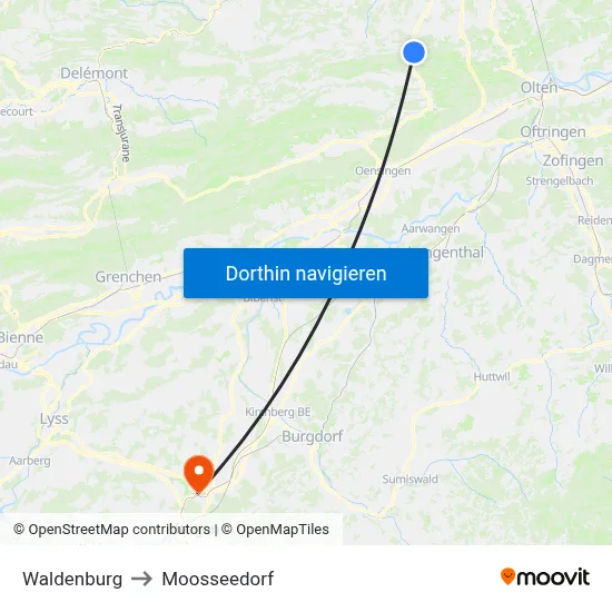 Waldenburg to Moosseedorf map