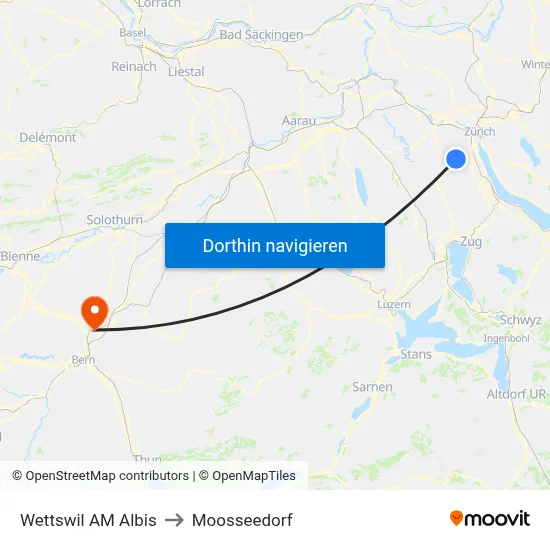 Wettswil AM Albis to Moosseedorf map