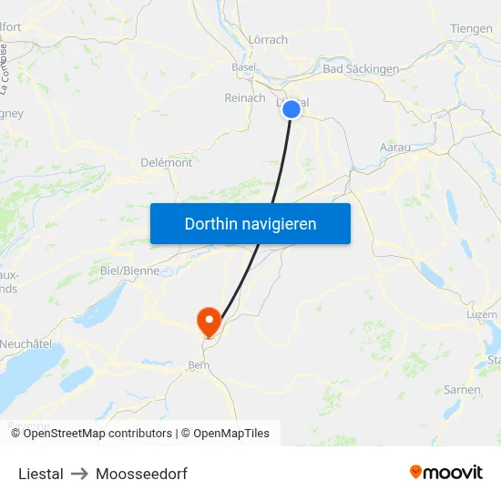 Liestal to Moosseedorf map